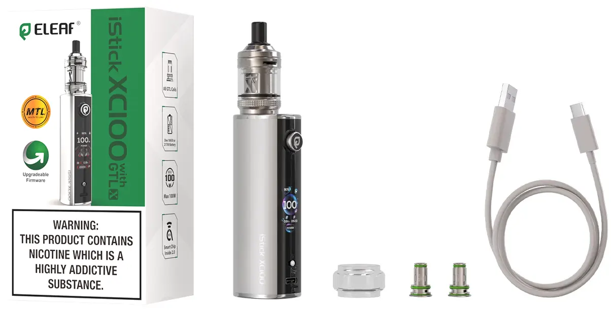 Eleaf iStick XC100 with GTL X 2ml TPD kit contents: mod, tank, coils, extra glass tube, Type-C cable