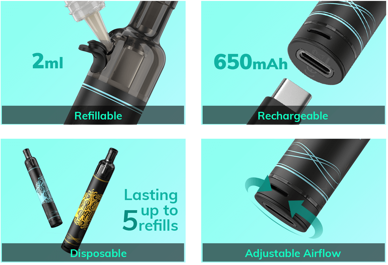 Eleaf IORE VINO kit is a disposable vape kit that supports about 5000 puffs, featuring 2ml refillable pod, rechargeable 650mAh battery and adjustable airflow system.
