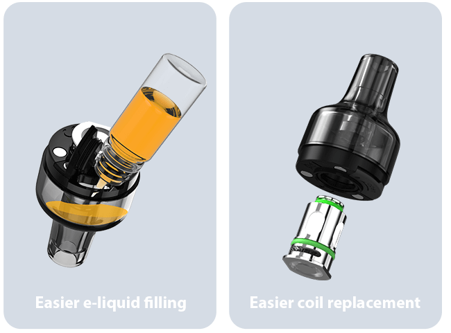Easier e-liquid flling and Easier coil replacement