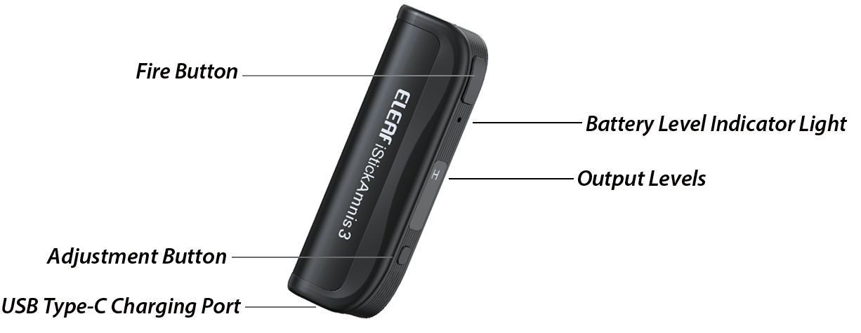 Exploded view of iStick Amnis 3: 510 Thread vape mod, Adjustable output levels, USB-C charging