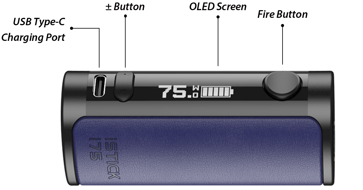Exploded view of Eleaf iStick i75 Mod: Fire Button，OLED Screen，adjust buttons，USB Type-C Charging Port