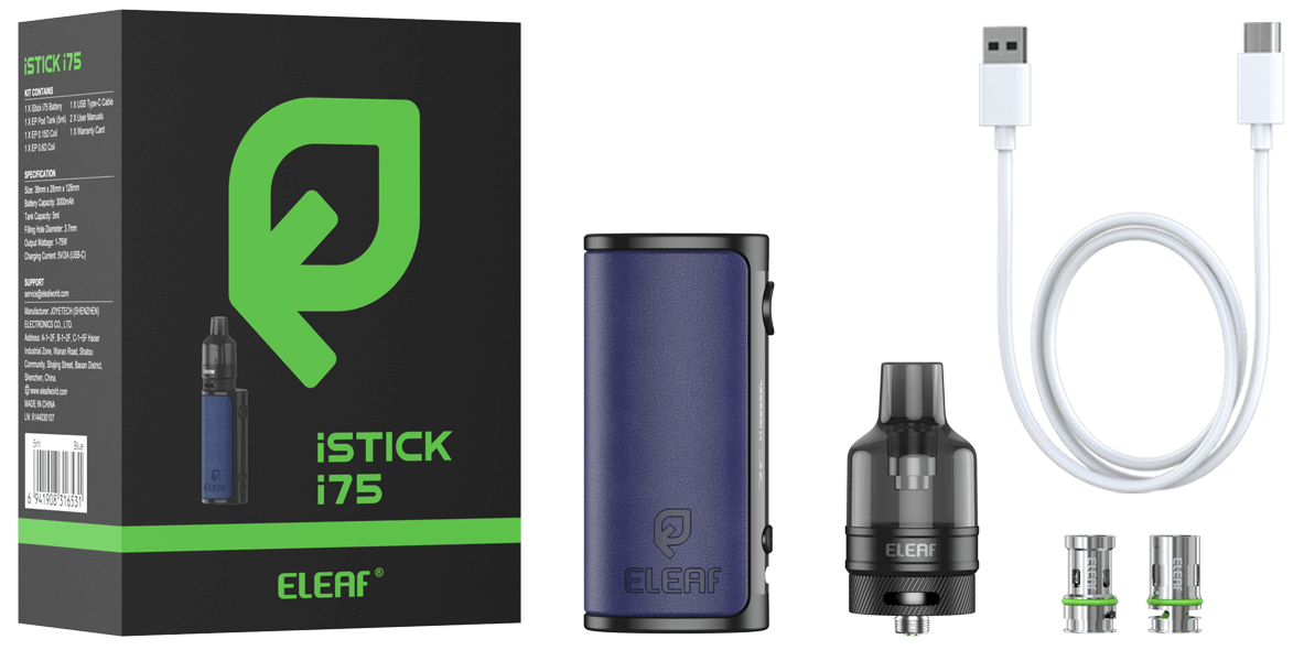 Package of Eleaf iStick i75 with EP Pod Tank vape kit 5ML